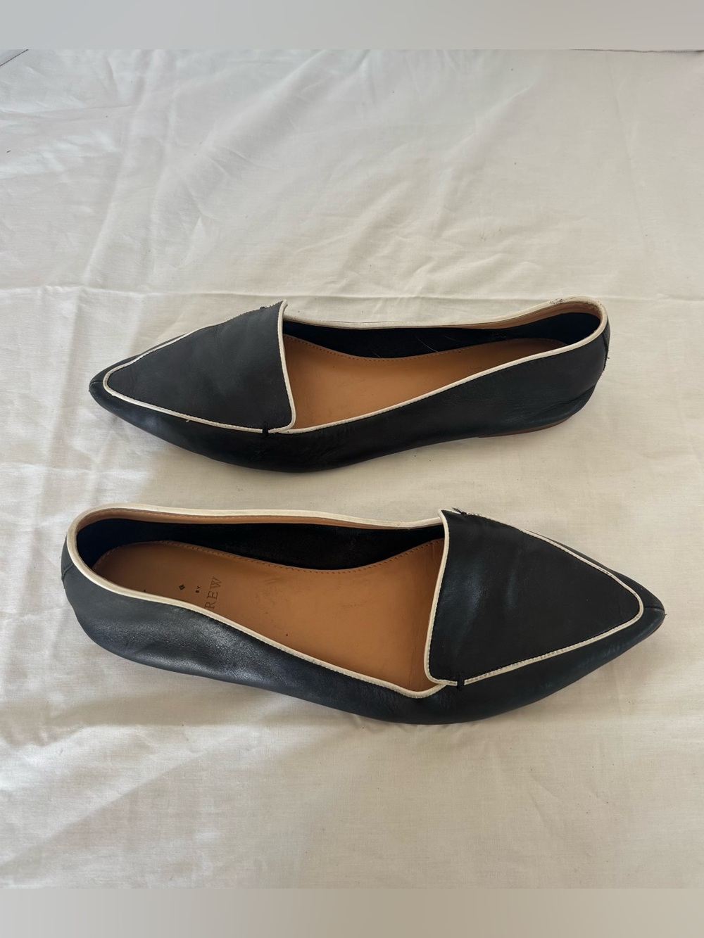 J. Crew Black Leather Pointed Flats with white Piping Size 12